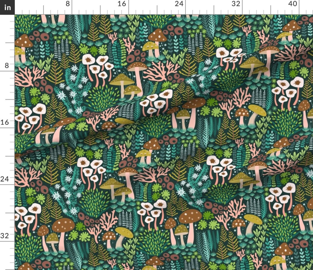 Green Mossy Mushrooms Woodland Botanical Lichen Nature Whimsical Teal Custom Printed Fabric by Spoonflower Various Fabrics by the Yard or Fat Quarter
